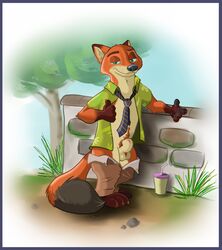 animal_genitalia balls black_fur canine clothed clothing colifox cup detailed_background disney fox fur green_eyes half-closed_eyes khakis male male_only mammal necktie nick_wilde open_shirt orange_fur pants pants_down partially_clothed pubes sheath shirt smile smirk solo stone_wall tan_fur thumbs_up tree zootopia