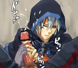 cum facial fingerless_gloves gloves hair handjob hood kiryu_kyosuke male one_closed_eyes penis short_hair silver_hair wince wink yaoi yellow_eyes yu-gi-oh! yu-gi-oh!_5d's