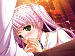 bekkankou blush censored dark_penis fellatio fortune_arterial game_cg green_eyes interracial oral penis precum purple_hair sex tied_hair tougi_shiro twintails