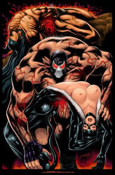 1girls 2boys arched_back ass backbreaker bane batman batman_(series) blood breasts bruce_wayne catwoman dc dc_comics exposed_breasts latex latex_suit lipstick muscles nipples ryona selina_kyle veins wrestling