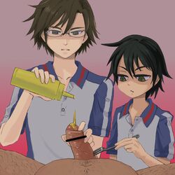 3boys censored food_play fork frown glasses hairy kunimitsu_tezuka male male_only mustard poking prince_of_tennis ryoma_echizen short_hair veiny_penis