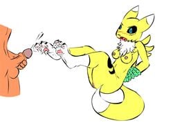 anthro barefoot black_sclera blue_eyes bound breasts color cum digimon female fur furry furry_breasts furry_ears furry_tail interspecies ko male nipples nude open_mouth penis renamon side_view simple_background tail testicles white_background