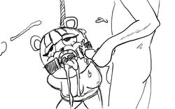 animal_crossing artist_request balls bondage breasts cum cum_in_mouth cum_on_face gag gagged mint_(animal_crossing) monochrome nintendo nipples penis rough_sketch source_request squirrel suspension testicles tied_up tongue tongue_out year_request