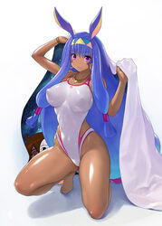 1girls animal_ears arm_up bangs bikini blue_hair bracelet breasts clothed_female competition_swimsuit dark-skinned_male dark_skin fate/grand_order fate_(series) headband impossible_clothes kneeling large_breasts necklace nitocris_(fate/grand_order) nyanko_batake one-piece_swimsuit pink_eyes shiny shiny_clothes shiny_skin sidelocks simple_background skin_tight smile swimsuit very_long_hair when_you_see_it white_background