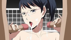 after_oral black_hair blue_eyes censored collarbone cum cum_in_mouth dark-skinned_male dark_blue_hair double_handjob facial female glasses haikyuu!! handjob highres long_hair looking_at_viewer medium_hair mole mosaic_censoring nude open_mouth oral penis ponytail shimizu_kiyoko simple_background solo_focus tied_hair tongue_out upper_body volleyball volleyball_net