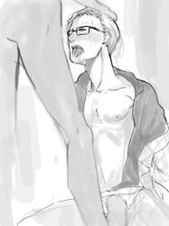 after_fellatio after_oral arcade_gannon arms_behind_back black_and_white catching_cum chest_exposed cum_in_mouth cum_on_face cumshot digital_drawing_(artwork) fallout fallout_new_vegas gay glasses male/male monochrome mouth_open naked questionable_consent simple_background simple_shading stepping_on_penis sweating tongue_out