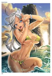 1girls animal_ears bare_legs bare_shoulders beach bikini bird blue_eyes breasts character_request cleavage clothed_female copyright_request covered_nipples dark-skinned_female dark_skin female female_only highres inazuma large_breasts looking_at_viewer navel nipples open_mouth outdoors page_8 page_number print_bikini satou_shouji sky smile solo swimsuit tail tiger_ears tiger_tail water wet white_hair