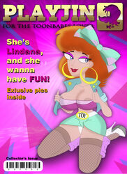 1girls areola areola_slip barcode bow brand_name_imitation breasts clothing curvaceous curvy disney female female_only fishnet_stockings fishnets high_heels hoop_earrings human leg_warmers linda_flynn-fletcher milf pantyshot phineas_and_ferb playboy playjin_magazine playtoon sandybelldf solo voluptuous white_panties