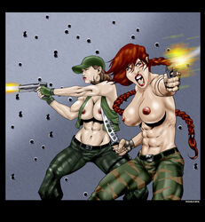 2012 2girls abs alison_r_hart_burnett big_breasts breasts bullet_holes camouflage_pants casual clothing female firearm g.i._joe greg_nichols gun handgun hat human knife lady_jaye multiple_girls pale_skin scarlett_(g.i._joe) shana_o'hara topless weapon weapons