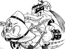 2boys anthro ball_gag bound bracelets cat_o'_nine_tails chabichou chain chameleon crocodile espio_the_chameleon gag gagged gay harness horn interspecies male male_only monochrome reptile scalie sonic_(series) tagme vector_the_crocodile yaoi