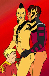 3boys abs anal_penetration anal_sex asian black_hair blonde_hair blowjob bottomless brown_hair cmnm daken_akihiro dark_penis erect_nipples erection facial_hair fantastic_four fingerless_gloves flat_colors fuck_and_suck gambit gay hand_in_hair holding_balls holding_head human_torch johnny_storm looking_at_partner looking_at_viewer male male_only marvel marvel_comics mohawk_(hairstyle) multiple_males nude_male oral_sex pecs red_background red_eyes suck_and_fuck sucking tattoo tranetrax x-men yaoi yellow_skin