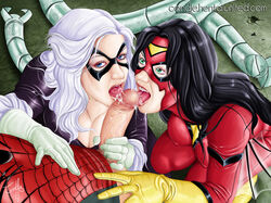 1boy 2girls black_cat_(marvel) bodysuit candle_(artist) doctor_octopus faceless_male felicia_hardy female human jessica_drew male marvel oral otto_octavius penis peter_parker sex shiny spider-man spider-man_(series) spider-woman straight straight_hair threesome