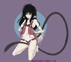 animal_ears areola black_hair breasts chimera clothing female hair horn human hybrid killy kneeling long_hair mammal mumfeckable pale_skin plain_background pussy pussy_juice revealing_clothes smile solo sunbetch tail vein