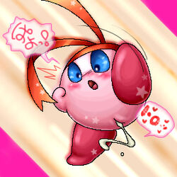 1:1 blue_eyes blush color cum dialog female female_only headband kirby kirby_(series) kurobedamu motion_lines nude open_eyes open_mouth pink_skin pussy rule_63 solo solo_female speech_bubble text translation_request vulva waddling_head