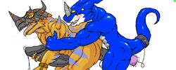 2boys anal_insertion buggery color digimon dildo exveemon gay geogreymon hand_on_another's_arm hand_on_own_penis insertion interspecies male male_only male_penetrated multiple_males no_humans nude raised_tail red_eyes sex sex_toy side_view tail vibrator white_background yaoi yellow_eyes