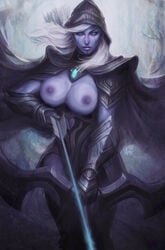 1girls armor arrow blue_eyes blue_skin bow breasts cape dota_2 drow_ranger facial_markings hood looking_at_viewer nipple solo stanley_lau tagme weapon white_hair