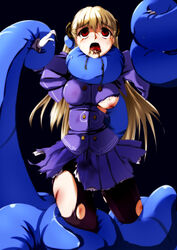 1girls asphyxiation bangs black_background blonde_hair blue_skirt bruise capcom crying defeated dlc_sekiei eyebrows_visible_through_hair female female_focus female_only foaming_at_the_mouth gloves hair_between_eyes ingrid_(capcom) injury long_hair long_sleeves pleated_skirt red_eyes restrained saliva simple_background skirt strangling street_fighter tears tentacle tentacle_around_neck tentacle_rape tentacles tentacles_around_arms tentacles_around_legs torn_clothes torn_legwear torn_pantyhose underboob white_gloves yellow_hair