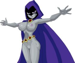 areola ass belly_chain breasts cape dc dc_comics erect_nipples female female_only functionally_nude grey_skin hood huge_breasts human large_breasts long_hair nipples purple_eyes purple_hair pussy rachel_roth raven_(dc) shaved_pussy smooth_skin solo standing teen_titans transparent_background warnerc