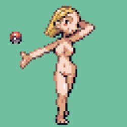 1girls beauty_(pokemon) beauty_(pokemon_rse) black_eyes blonde_hair blush breasts dodododo female green_background nintendo nipples npc_trainer pixel_art pokemon pokemon_rse pubic_hair short_hair smile solo source_request sprite