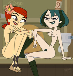 2girls accurate_art_style breasts duo female goth green_hair gwen_(tdi) hair humanoid multiple_girls nipples outhouse pussy teeth the_bashar toilet total_drama:_revenge_of_the_island total_drama_island yuri zoey_(tdi)