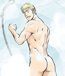 1boy ass axis_powers_hetalia germany_(hetalia) looking_back_at_another ludwig_weillschmidt male male_only masanori_danshi shower solo surprised tagme