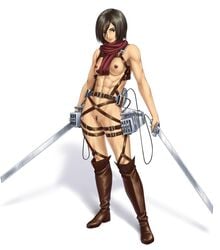 abs attack_on_titan black_eyes black_hair breasts dual_wielding female irotsuya looking_at_viewer mikasa_ackerman muscle muscular_female nipples nude pubic_hair pussy scarf short_hair solo sword thigh_strap three-dimensional_maneuver_gear uncensored weapon