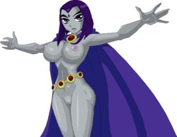 areola ass belly_chain breasts cape dc dc_comics erect_nipples female female_only forehead_jewel functionally_nude grey_skin huge_breasts human large_breasts long_hair nipples purple_eyes purple_hair pussy rachel_roth raven_(dc) shaved_pussy smooth_skin solo standing tagme teen_titans transparent_background warnerc