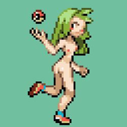 1girls ace_trainer_(pokemon) cool_trainer_(pokemon_rse) dodododo female female_only green_background green_hair npc_trainer pixel_art pokemon pokemon_rse sprite