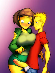 1boy 1girls 2012 20th_century_studios bart_simpson big_breasts big_penis bigdad blue_pants blush brown_hair brunette clothes color darnact digital_media_(artwork) edna_krabappel female green_skirt hair hi_res human male miniskirt older_female open_pants pants penis purple_background skirt smile standing straight teacher teacher_and_student the_simpsons uncensored underwear white_underwear yellow_body yellow_hair yellow_skin