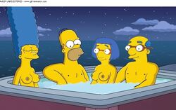 2boys 2girls animated blue_hair female homer_simpson human husband_and_wife jacuzzi kirk_van_houten luann_van_houten male marge_simpson swingers the_simpsons wvs