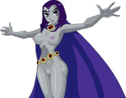 areola ass belly_chain breasts cape dc dc_comics erect_nipples female female_only forehead_jewel functionally_nude grey_skin human large_breasts long_hair nipples purple_eyes purple_hair pussy rachel_roth raven_(dc) shaved_pussy smooth_skin solo standing teen_titans transparent_background warnerc