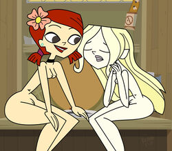 2girls accurate_art_style breasts color dawn_(tdi) exposed_breasts female female_only hair human human_only humanoid indoors multiple_females multiple_girls nude pointy_chin pussy sitting the_bashar total_drama:_revenge_of_the_island total_drama_island zoey_(tdi)