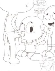 1girls 2boys anais_watterson blowjob blush blushing cartoon_network closed_eyes darwin_watterson dialogue english english_text eyebrows eyelashes eyes female gumball_watterson holding holding_penis incest male male/female male_penetrating male_penetrating_female one_eye_closed one_eye_open random_anon sex simple_background smile smiling standing text the_amazing_world_of_gumball white_background young