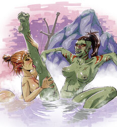 2girls bath bathing bosmer elf elf_female female female/female green_skin hizumi-tsukasa lesbian licking_leg light-skinned_female light_skin multiple_girls orc orc_female orsimer scar skyrim the_elder_scrolls water wood_elf yuri