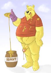 1boy anthro barefoot bear bottomless color disney food food_on_body food_on_penis food_play foreskin glans gloves half-erect honey honey_on_genitals honey_on_penis male male_only overweight overweight_male partially_retracted_foreskin penis pooh_bear solo solo_male straight_hair uncut unknown_artist winnie_the_pooh_(franchise) yaoi