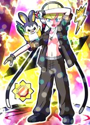 1girls blonde_hair blue_eyes breasts cosplay dog_tags elesa_(pokemon) elesa_(pokemon_bw) emolga exposed_breasts exposed_nipples female female_only gym_badge_(pokemon) gym_leader_(cosplay) nintendo pokémon_(species) pokemon pokemon_bw pokemon_rgby rorretsim thunder_badge