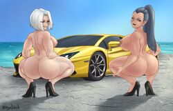 2girls apple_butt areola areolae artist_name ass background beach big_areola big_ass big_breasts big_butt big_nipples black_hair blue_hair bubble_ass bubble_butt car colored_background erect_nipples fat_ass female_only full_body high_heels high_resolution huge_ass huge_breasts huge_butt lamborghini large_ass large_breasts large_butt long_hair looking_at_viewer looking_back meowlinch multiple_girls muscles muscular muscular_arms muscular_back muscular_female muscular_legs muscular_thighs naked nipples ocean only_female pale-skinned_female pale_skin ponytail posing red_eyes round_ass roxy_(lycanthieves) sea severia_(meowlinch) short_hair sideboob silver_hair smile smiling sports_car spread_legs squatting sunshine tanned tanned_skin thick_ass wallpaper yellow_eyes