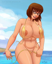 1girls abs areola_slip beach bikini breasts brown_eyes brown_hair curvy female female_only flick glasses hanna-barbera huge_breasts micro_bikini nipple_slip nipples open_mouth scooby-doo see-through see-through_bikini short_hair signature smile solo text thick_thighs undressing velma_dinkley voluptuous water wide_hips