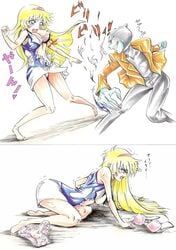 1girls artist_request blonde_hair blue_eyes bra breasts choker cutie_honey cutie_honey_flash dress female hairband heart honey_kisaragi human large_breasts light-skinned_female light_skin long_hair male nipples panties ripped_clothing torn_clothes