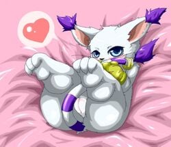 barefoot black_nose blue_eyes blush claws color digimon female female_only fur furry_ears furry_tail gatomon gloves heart looking_at_viewer lying nude on_back open_eyes pointy_ears purple_fur pussy raised_legs seigen solo tail tail_ring whiskers white_fur