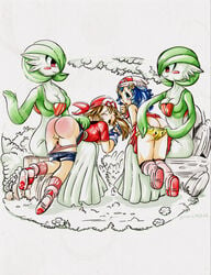 4girls dawn_(pokemon) female female_gardevoir female_only female_pokemon gardevoir human may_(pokemon) mewy multiple_females multiple_girls nintendo over_the_knee over_the_knee_spanking pokemon pokemon_(species) pokemon_rse pokephilia smallmew yuri