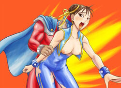 areola arm_grab artist_request biceps bodysuit bracelets breasts brown_eyes brown_hair capcom cape chun-li defeated doggy_style epaulets female hair_ornament hat human jumpsuit looking_back m_bison male nipples open_clothes open_mouth open_shirt pecs sex shirt straight street_fighter street_fighter_alpha street_fighter_alpha_2 street_fighter_alpha_3