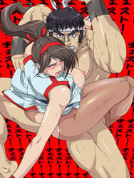 1boy breasts brown_eyes defeated female fighter's_history gureko_rouman headband king_of_fighters liu_yungmie long_hair makoto_mizoguchi mizoguchi open_mouth pantyhose ponytail running saliva sex snk sweat tied_hair torn_pantyhose