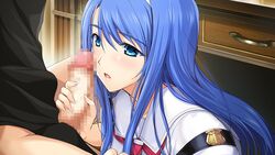 alice_soft aqua_eyes aqua_hair blush censored choukou_(alicesoft) choukou_shinki_ixseal ellis_xillia game_cg long_hair onigirikun penis seifuku