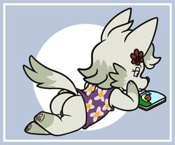 2012 animal_crossing anthro ass blue_eyes bottomless canine casual_exposure clothed clothing dress fiztheancient flower flower_in_hair grey_fur lying nintendo on_front pawpads paws pussy reading reading_book side_view snail source_request tail toony uncensored white_fur whitney_(animal_crossing) wolf