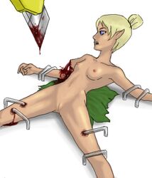 arm bleeding blood blood_stain bound breasts color dismemberment disney disney_fairies exposed_breasts fairy female female_only gore incision injury knife nipples nudity peter_pan_(disney) severed_arm staple tinker_bell vulva what