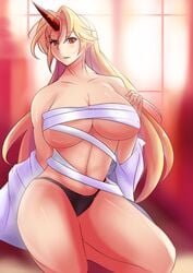 alto-kun altronage bandage black_panties blonde_hair breasts female horn hoshiguma_yuugi kneeling large_breasts long_hair navel panties parted_lips pointy_ears sarashi smile solo touhou underboob underwear undressing