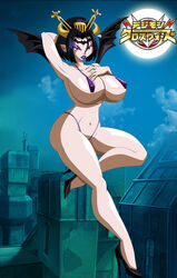 beige_skin black_hair blue_eyes breasts city color digimon digimon_(species) digimon_xros_wars eyeshadow female female_only footwear grimphantom hair hand_behind_head high_heels horns lilithmon looking_at_viewer moon night open_eyes outdoors pointy_ears seven_great_demon_lords shoes short_hair sky solo succubus wings