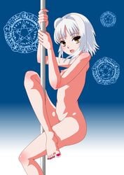 breasts female high_school_dxd kaze_makase koneko_toujou looking_at_viewer nekomata nipples nude pole pole_dancing short_hair solo white_hair yellow_eyes