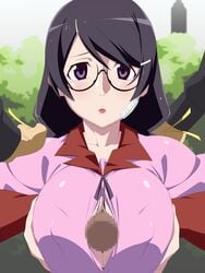 bakemonogatari black_hair blush breast_squeeze breasts censored female glasses hairclip hanekawa_tsubasa highres imada_ya large_breasts long_hair looking_at_viewer male monogatari_(series) open_mouth paizuri paizuri_under_clothes penis penis_under_clothes purple_eyes school_uniform straight